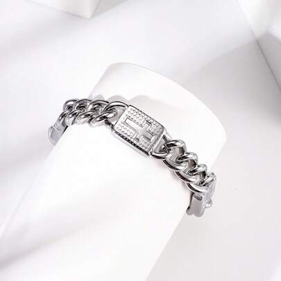 1pc Fashionable Versatile Hip-Hop Cuban Cross Silver Bracelet - Suitable For Party And Formal Occasions - Gift For Dad, Boyfriend