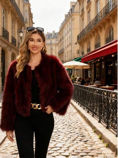 Elegancki damski bordowy płaszcz ze sztucznego futra, krótki, z długimi, regularnymi rękawami i okrągłym dekoltem, idealny na Boże Narodzenie i Nowy Rok