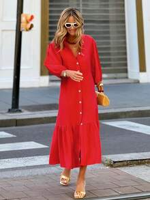 Vestido elegante de calle de vacaciones con cuello en V y mangas de siete cuartos, vestido largo, para otoño e invierno, té, fiesta, ropa de invierno - Rojo - Ver 1