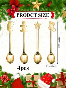 4 Piezas de Cucharitas de Acero Inoxidable con Temática Navideña y de Vacaciones - Mini Cucharitas para Té, Aptas para Café, Té, Postres, Helado - Opción Perfecta para el Hogar, Restaurante, Food Truck, Cafetería - Ideal para Navidad, Año Nuevo