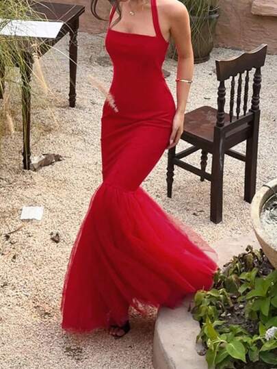 Onicee Women's Christmas Red Fashionable Halter Fishtail Patchwork Dress