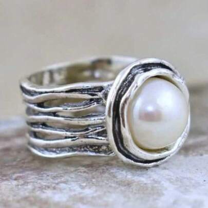 ROMWE Goth 1 件波西米亚风格复古银仿珍珠女士戒指，适合婚礼、订婚和日常佩戴