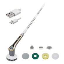 Cepillo de limpieza eléctrico giratorio para ducha con cabezales de cepillo reemplazables y mango extensible ajustable y desmontable