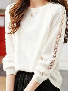 Crew Neck Hollow Out Delicate Lady-Like Elegant Versatile Blouse - White - View 2