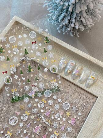 1pc Super Cute Gold Foil Christmas Tree Nail Art Stickers, 3D Embossed Adorable Sweet Decorative Stickers For DIY Nail Sticker Self-Adhesive Nail Art Decoration