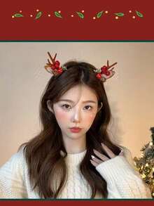 2pcs Christmas Headwear, Cute Antler Hairpins, Women's Holiday Elk Antler Hairpins