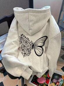 Sudadera con capucha para mujer estilo coreano casual estampado mariposa y flores, poliéster, corte holgado, gris, manga larga, otoño invierno, ideal para uso diario - Gris - Ver 2