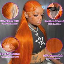 34 Inch Ginger Orange 13x6 Lace Front Wigs Human Hair Straight Ginger Wig HD Transparent Lace Frontal Wigs #350 Colored Human Hair Wig Pre Plucked With Baby Hair 250 Density - S350 - 查看 7