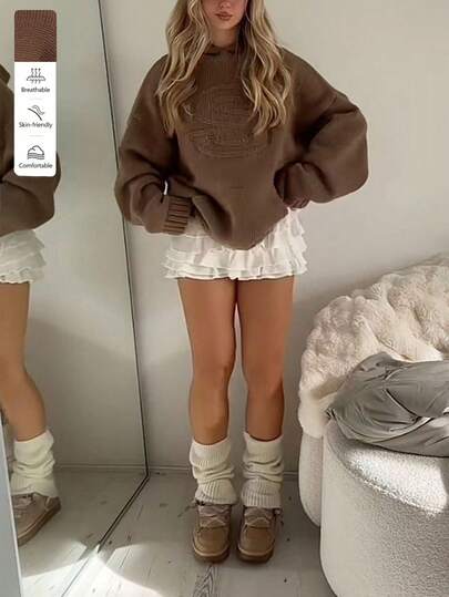 女士休闲街头 Y2K 风格纯色口袋毛衣，宽松版型，适合秋冬季节、返校季、乡村音乐节等场合，卡其色、棕色