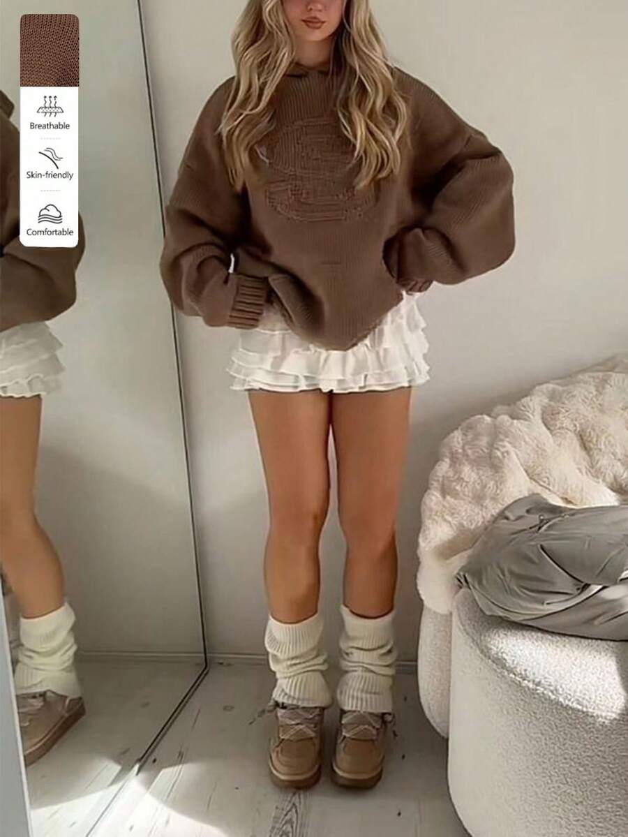 女士休闲街头 Y2K 风格纯色口袋毛衣，宽松版型，适合秋冬季节、返校季、乡村音乐节等场合，卡其色、棕色 - 卡其色 - 查看 1