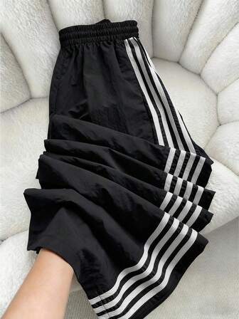 Pantalones anchos y sueltos para mujer, pantalones deportivos anchos y sueltos con rayas laterales para mujer, cintura elástica, rayas contrastantes, pantalones largos y sueltos.