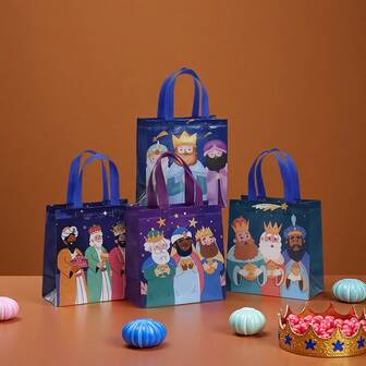 4 piezas Bolsas de regalo del Día de los Reyes Magos, material no tejido, bolsas de regalo navideñas con elementos de corona - Adecuado para eventos religiosos, Epifanía, bodas, celebraciones de jubilación, Navidad - Asas portátiles, plegables y reutilizables - Ideal para iglesias, escuelas, fiestas - Diseño de dibujos animados, estructura resistente, empaque festivo, decoraciones navideñas