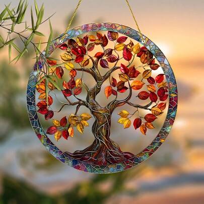 生命之树彩色玻璃捕光器圆形窗户悬挂艺术，适合生日、家居和花园装饰 - 适合女性办公室、房间、衣柜的美观桌面配件 - 送给姐妹、朋友、女士的独特富有想象力的礼物