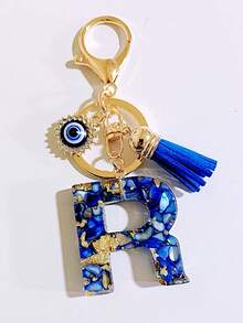 26pcs Bohemian Style Gemstone Blue Resin Letter Keychains, Bag Charms With Evil Eye And Tassel Decor, Holiday/Birthday Party Favors Christmas Gift Car Accessories Teacher Friend Sister Gift Ideas - Royal Blue - View 28