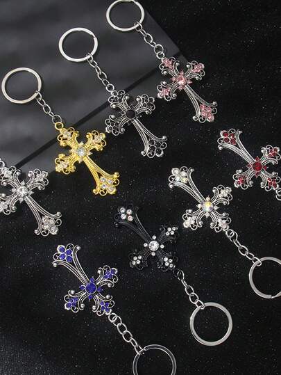 1pc Women Fashion Alloy Rhinestone Cross Charm Key Chain Car Accessories Bag Charm School Cute Goth Y2k