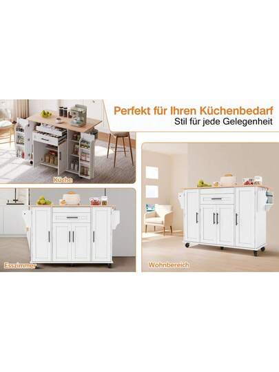 120*45cm, Mobile Kitchen Isl Trolley, Worktop Extends Up To 70cm, Hidden Cutlery Drawer, Adjustable Shelves, Spice Rack Towel Holder, Kitchen, Dining Room Or Living view 10