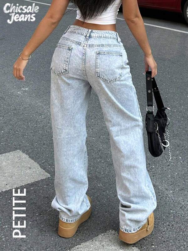 Calça jeans feminina Petite, casual, leve, com lavagem à água, perna larga, para uso diário