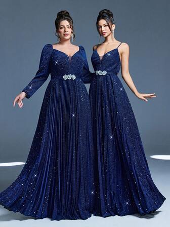 Mgiacy, Ny ankomst, V-ringning, Elegant, Plus Size Aftonklänning, Paljett, Punch Sheet, Pärlprydnad, Solvikt, 3D-blommor, Bälte, Långärmad, Långklänning, FÖR, Middagsbjudning