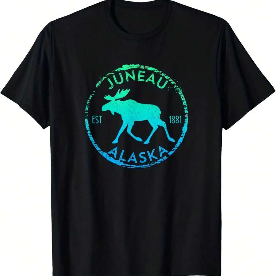 Juneau Alaska Moose Gradient Distressed Souvenir T-Shirt - 黑色5 - 查看 1