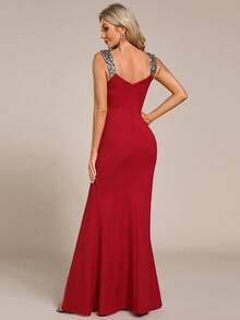 EVERPRETTY Elegant & Charming Red Evening Gown, V-Neck Sleeveless High Slit Ruched Waist Sparkling Sequin Semi-Formal Dress, Suitable For Balls, Galas, Formal Occasions - Red - View 3