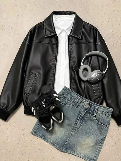 Muvela Autumn New Vintage Washed Snow Flake PU Leather Jacket Retro College Style, Old Money Style, Barn Style, Autumn Must-Have PU Jacket, Daily Outing, Sister Gathering, Casual Home, Comfortable And Simple, Airport Outfit