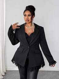 Plus Size Women Office Blazer Jacket With Lapel Neck Long Sleeve, Contrast Lace, Button Pockets
