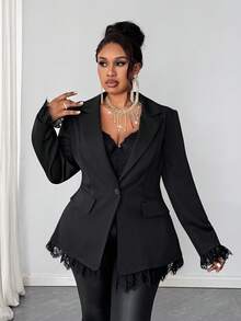 Whisplicity Plus Size Women Office Blazer Jacket With Lapel Neck Long Sleeve, Contrast Lace, Button Pockets - Black - View 3