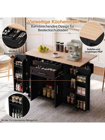 120*45cm, Mobile Kitchen Isl Trolley, Worktop Extends Up To 70cm, Hidden Cutlery Drawer, Adjustable Shelves, Spice Rack Towel Holder, Kitchen, Dining Room Or Living view 5