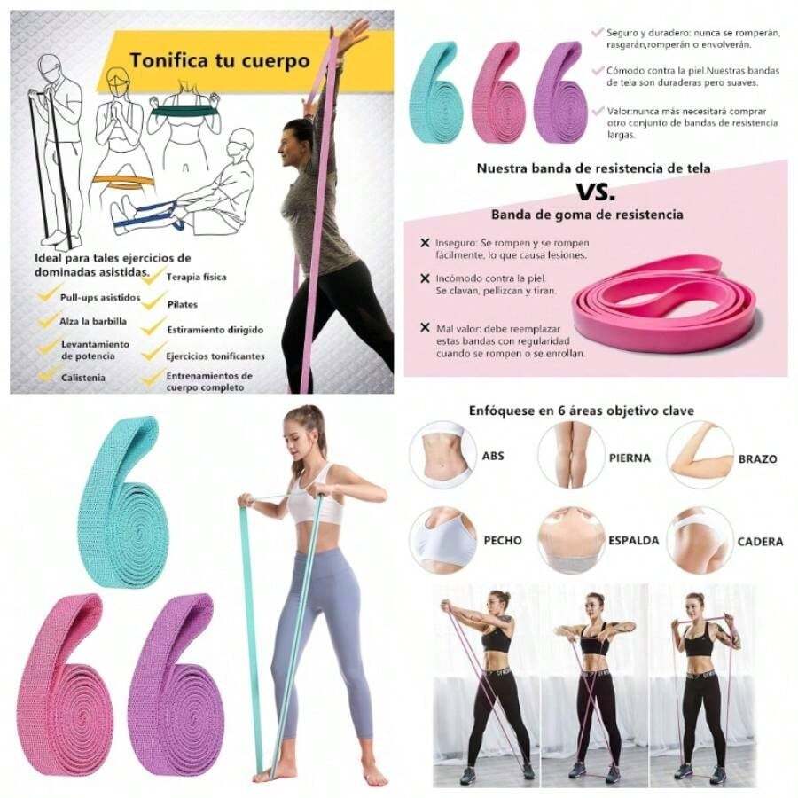 Bandas de Resistencia para Mujeres 24lb - 75lb - Juego de 3 Bandas Elsticas de Tela con 4 Niveles, Ejercicios en Casa/Gimnasio/Pilates, Entrenamiento Full Body Antideslizantes+ Gua de Ejercicios - Púrpura,Rosado,Verde - Ver 1