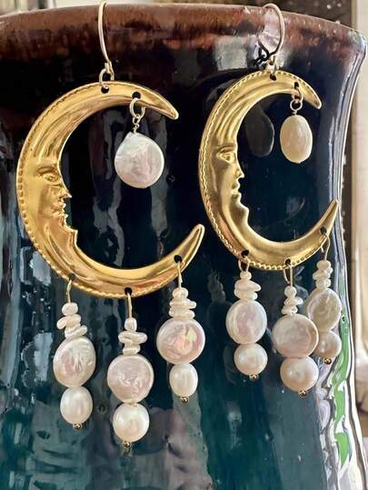 2pcs 2026 New Pearl & Crescent Moon Tassel Retro Baroque Style Metal Gold Earrings, Suitable For Women's Daily, Party, Christmas, New Year Gift