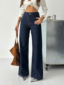 Women's High Waisted Dark Wash Wide Leg Jeans With Zipper And Pockets Long Slight Stretch Fabric For Everyday Style - Navy Blue - View 4