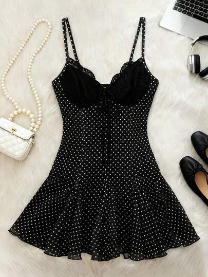 Muvela Váy ngắn chấm bi đen mùa hè, đi nghỉ thường ngày, dây đeo vai, váy ngắn chấm bi đen trắng, tiệc trà chiều Giáng sinh, tụ tập chị em, phong cách quý tộc cổ điển