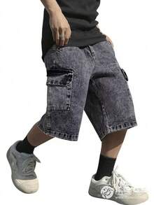 Mid-Rise, Frayed, Raw Hem, Wide Leg, Knee-Length, 6-Pocket Denim Shorts - 灰色 - 查看 1