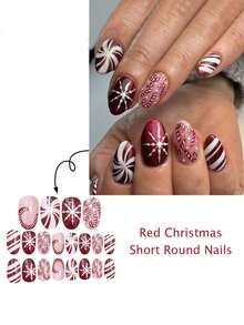 24 Pieces Of European And American Back To School Christmas Short Oval Nail, Christmas Contrasting Snowflake Texture Embellished With Rotating Stripes, Cane Wearing Nail Design, Decorative Nail Patch, Fully Covered Fake Nails, Back To School Art Patch, Versatile Nail Art Supplies, Daily Wearing Nail Set, Suitable For Office Women, Gatherings, Dates, And Daily Wear To Decorate Your Nails And Enhance Your Fashion Taste