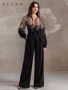 Aliao High-End Printed Long Sleeve Sheer Shirt, Vacation Style, Autumn Women's Clothing, Button-Up Blouse, Fowy Top Summer - Apricot Purple On Black - View 6