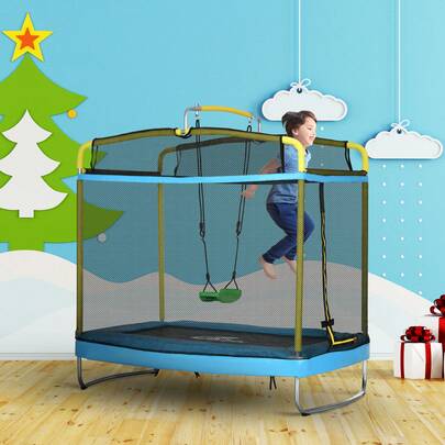 QABA 6,9 m Trampoline pour enfants, trampoline mini 3 en 1 avec filet de , barre de gymnastique, balançoire, trampoline pour tout-petits de 3 ans et plus pour une utilisation intérieure/extérieure, bleu clair