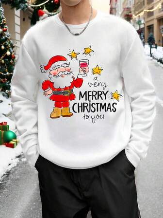 Men's Christmas Sweatshirt, Festive Santa Print, Crew Neck, Casual Polyester Sweatshirt, Slight Stretch, Regular Fit, Knit Fabric, Long Sleeve Top