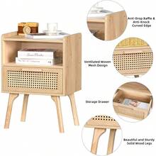 Rattan Nightstand, Boho Side Table With Drawer Open Shelf, Cane Accent Bedside End Table With Solid Wood Legs For Bedroom, Dorm And Small Spaces (Natural) - 自然的 - 查看 7