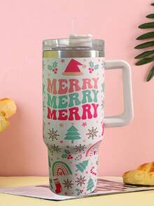 1 pieza Vaso aislado con asa, taza y termo al vacío con pajita, de acero inoxidable con diseño de árbol de Navidad
