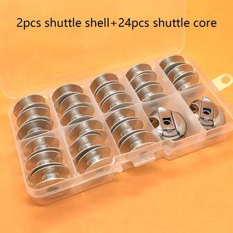 26 piezas Juego de bobinas de lanzadera para máquinas de coser industriales, incluye 24 bobinas de metal y 2 estuches de lanzadera, caja de almacenamiento portátil, kit de accesorios y herramientas de costura