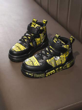 Kids' Fashion Black & Yellow Personalized Random Pattern Hook And Loop Design Sports Shoes, Comfortable & For Toddlers, School, Outdoor Play, High-Top Simple Casual Running Shoes