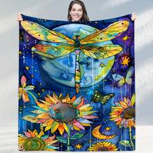 Dragonfly And Floral Print Soft Fleece Throw Blanket Colorful Lodge-Themed Cartoon Design Polyester All-Season Knitted Cozy Flannel Blanket Gift280gsm Room Decor Home Essentials Decor Bedroom