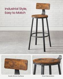 Bar Stools, Tall Bar Stools With Backrest, Kitchen Stools, Steel Frame, 73.2cm High Seat, Easy Assembly, Industrial, Rustic Brown And Black - Chocolate Brown - View 5