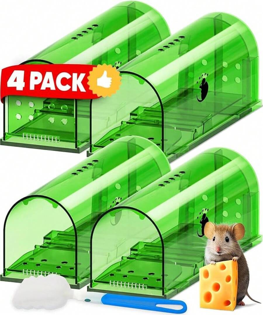 Trampa para ratones, juego de 4 trampas reutilizables con cepillo de limpieza, trampa para ratones de interior, fácil de instalar y limpiar, adecuada para uso doméstico - verde - Ver 1