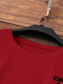 Bow Print Loose Fit Short Sleeve T-Shirt, Spring/Summer - Red - View 4