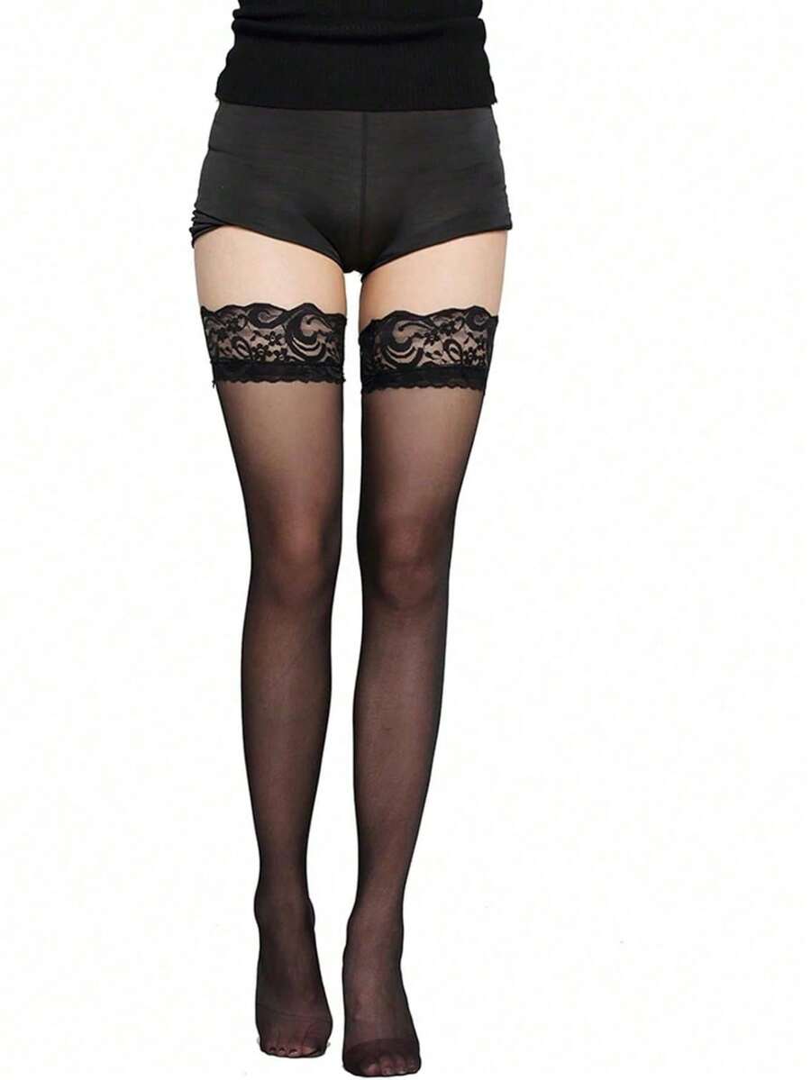 1 Pair Women's Colored Thigh High Socks, Lace Trim Sheer Stockings, Girls' Over-The-Knee Socks, Suitable For Daily Wear & Valentine's Day - 黑色 - 查看 1