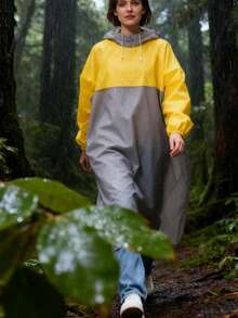 1pc Gray & Yellow Splice Waterproof Raincoat, Full Body Protection, Thick Outdoor Hiking Rain Poncho