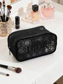 Christian Dior 黑色便携式高端纹理格子网化妆包简约洗漱包