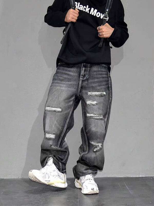Vintage Washed Distressed Straight Leg Jeans For Men, Loose Baggy Fit