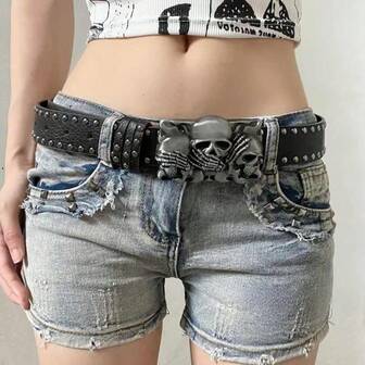 1pc Skull Punk PU Leather Women's Belt, Studded, Black, Suitable For Music Festivals, Y2K, Halloween